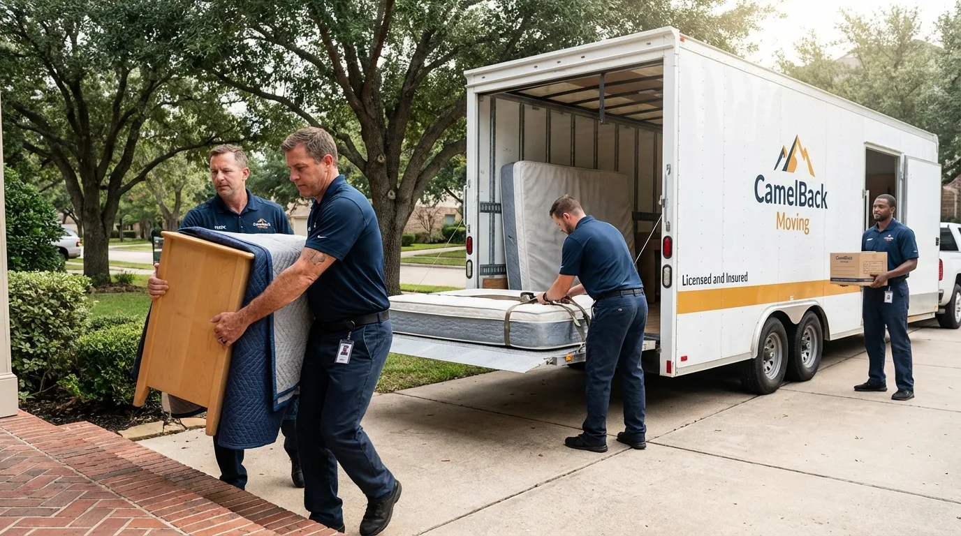 Crew loading residential truck for cross-state move from Bedford, NY