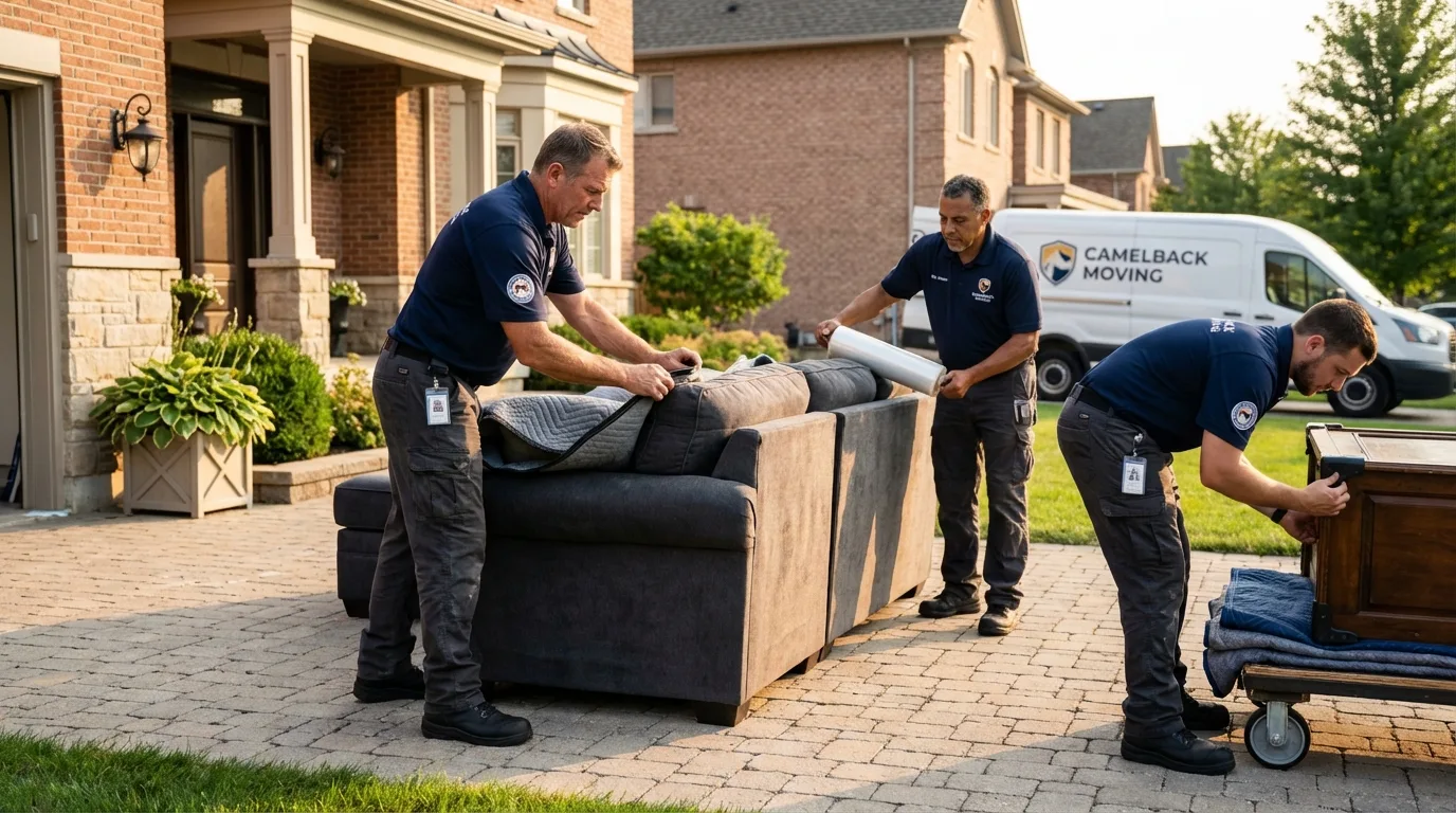 Large estate moving crew wrapping furniture in Bedford, NY