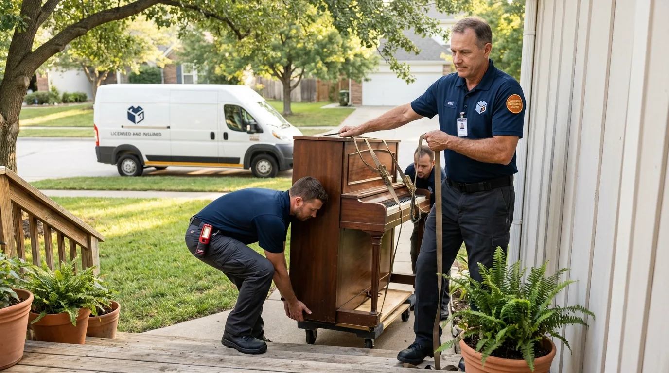 Licensed piano movers securing grand piano in Bedford, NY