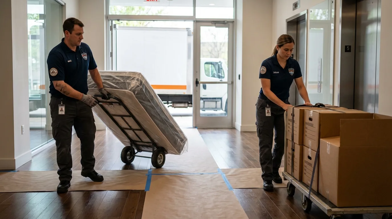 Professional apartment movers loading elevator in Bedford, NY
