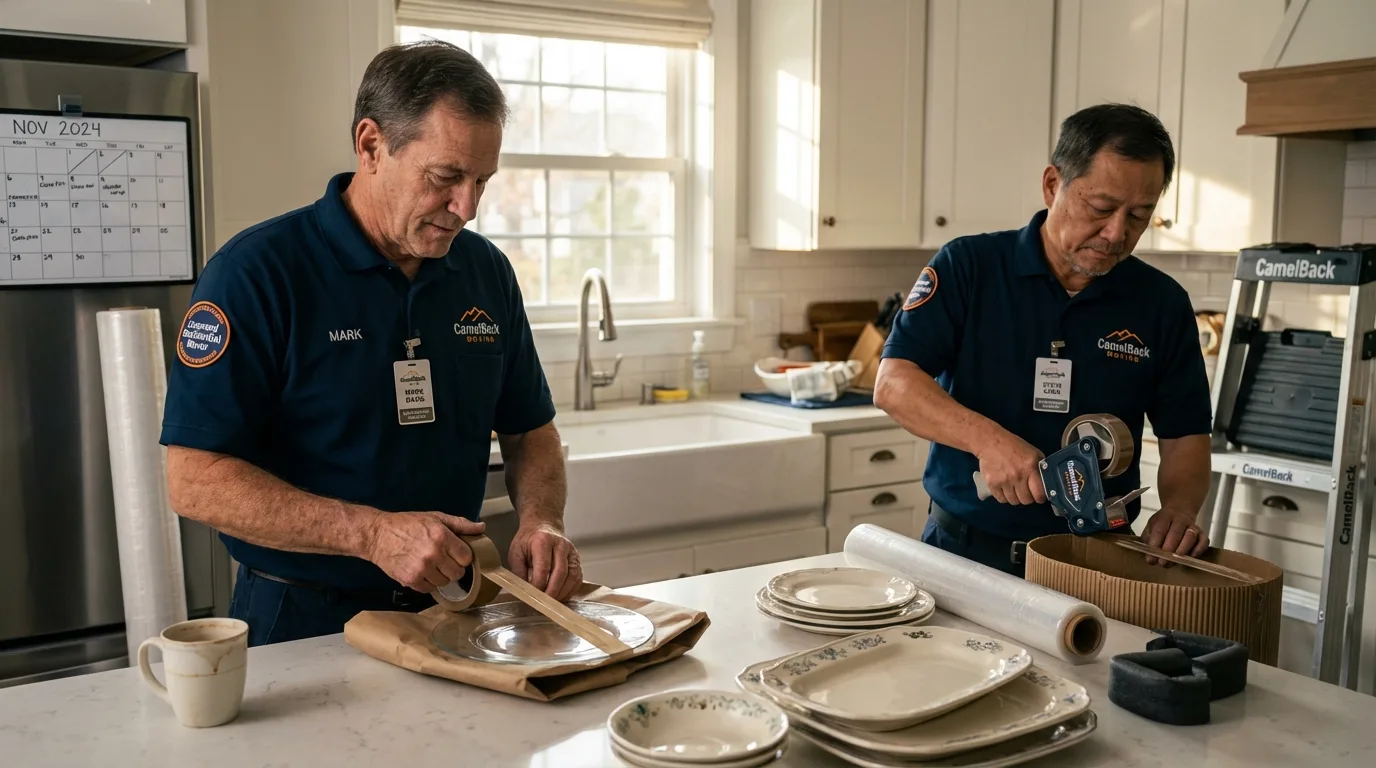 Professional crew packing kitchen dishware in Bedford, NY